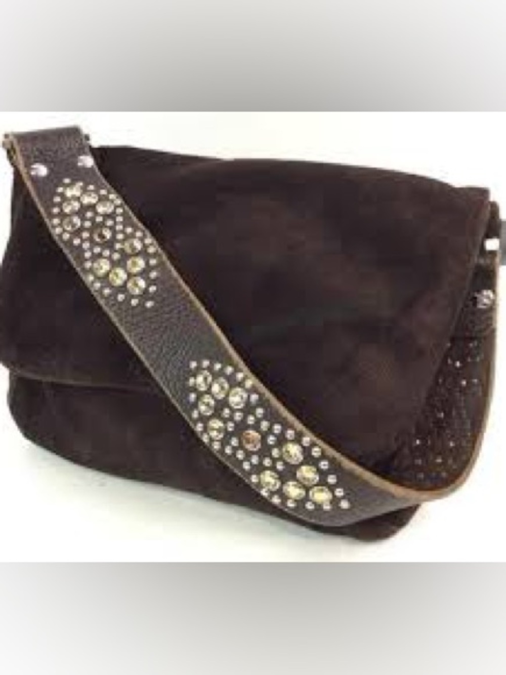 Vintage Tylie Malibu Chocolate Brown Suede Crystal Studded Flap Shoulder Bag